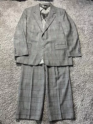 Vintage Men’s Suit 46 Blazer Houndstooth Wool Tweed 38x30 Pants Trousers Set • $31.96