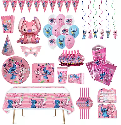 Stitch & Lilo Pink Party Set Kid Birthday Party Decoration  Banner Plates Cloth • £4.29