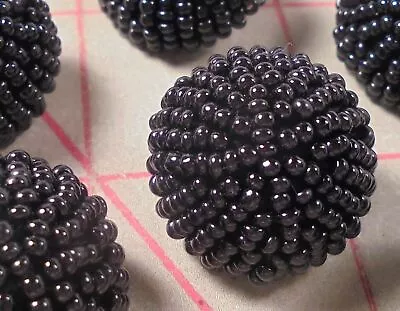 $5 • Buy 2 Vintage Hand Beaded Shank Buttons Jet Black Seed Beads 7/8  Elegant