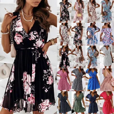 Womens Floral Boho Beach Mini Dress Ladies Holiday Ruffle Swing V Neck Sundress • £13.49
