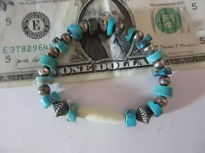 VINTAGE Elastic Stretch Turquoise And Metal Bead Bracelet In Box - BN • $15