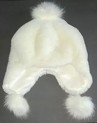 Girls Size 8+ White Faux Fur Pom Pom Winter Hat Bunny Tail Gymboree Snow Bunny • $12