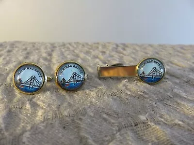 Vtg Gold Tone Glass Mackinac Bridge Michigan Souvenir Tie Bar Clasp & Cufflink • $20