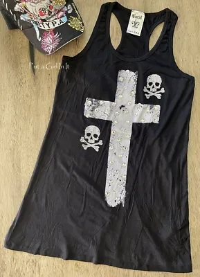 New VOCAL Womens CRYSTAL BLACK SKULL CROSSBONES TUNIC TANK TOP SHIRT S M L USA • $30.35