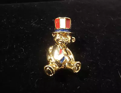 Vintage Avon USA Patriotic Sitting Bear Lapel Pin Gold Tone Uncle Sam Hat Tie • $8.99