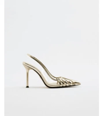 $65 • Buy Zara Gold High Heeled Sling Back Pumps W/Vinyl Inlays 1200/010 NWT SZ 7.5 & 11