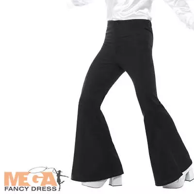 Black Flared Trousers Mens 60s 70s Fancy Dress Hippy Flares Disco Adults Costume • £14.99