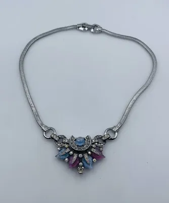 Mazer Vintage Silver Tone Rhinestone Pink Blue Glass Printemps Necklace • $495