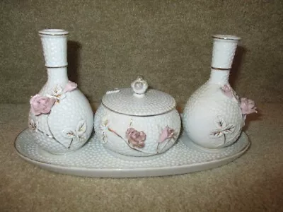 Vintage Pink Rose Ceramic Beaded 5pc Vanity Set Dresser Set W/Under Plate Japan • $14.99