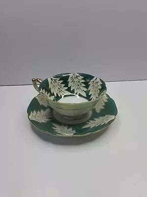 Ucagco China Occupied Japan Cream LeafDk Green Footed TeacupSaucer Set  • $20.99