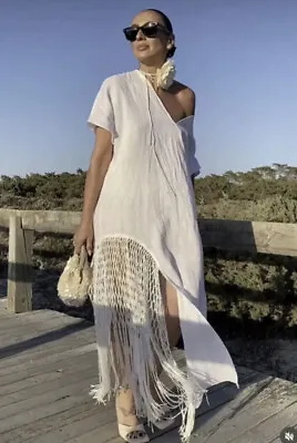 Nwt_zara Woman Ss23 Linen Dress With Fringe White | 7495/810_s • £50