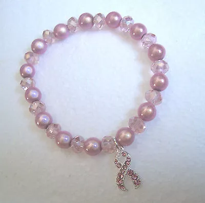 Pink Crystal/Miracle Bead Bracelet - Pink Ribbon Charm - Breast Cancer Awareness • £5.95