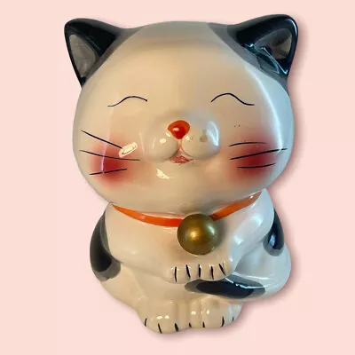 6.5” Japanese Beckoning Cat Maneki Neko White Gold Black Red Piggy Coin Bank • $24.99