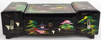 Japanese Vintage Black Lacquer Jewelry Box - Hand Painted Scenes Abalone Shell • $26.95