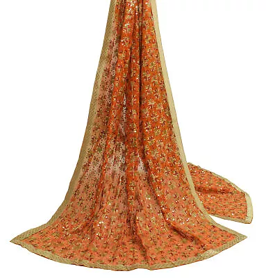 Sushila Vintage Orange Dupatta Blend Chiffon Phulkari Embroidered Long Stole • $32.19