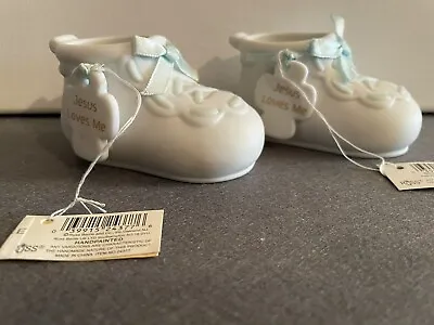 Gift From Heaven Pair Porcelain Baby Bootiesw/ Jesus Loves Me Tag (boy) #440441 • $24