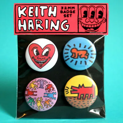 Keith Haring Badges   32mm Badge Set Of 4 Metal Pin Back Buttons Art Lover. • $6.77