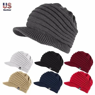 Unisex Winter Visor Beanie Knit Hat Cap Crochet Men Women Ski Thick Warm Acrylic • $12.99