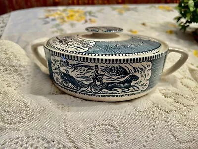 Vtg Royal China Currier Ives Pottery Ironstone Blue 1950's Casserole Lid Bowl • $45