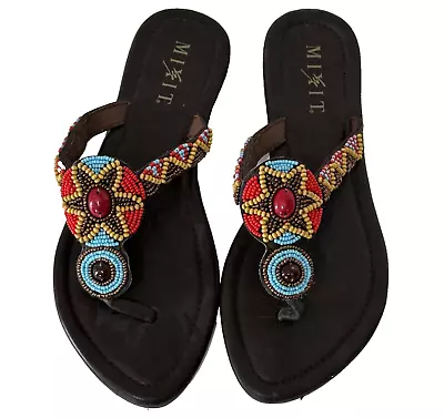 NEW Mixit Sandal Brown Thong Shoe Aztec Native Beaded Flat Open Toe Slip On 8 • $25