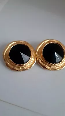Vintage Black Glass Rivoli Stone Matte Finish Clip On Earrings. Gold Tone Finish • $18
