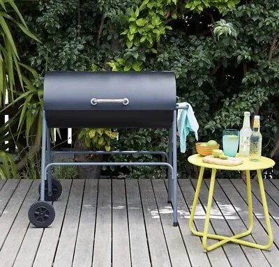 Large Oil Drum Charcoal BBQ Grill Barbecue Warming Rack Portable Wheels Stand • £75