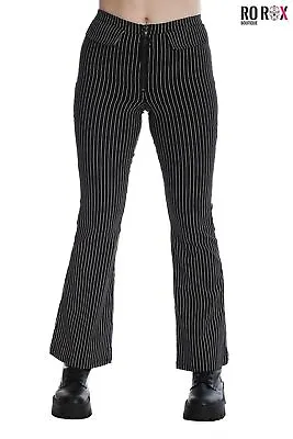 Banned Pinstripe Cropped Flared Trousers Renata Slim Punk Gothic Pants • £34