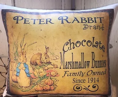 Primitive Vintage Style Easter Peter Rabbit Chocolate Marshmallow Bunnies Pillow • $29.95