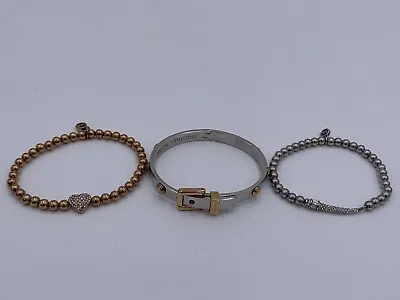 Lot Of 3 Michael Kors Bracelets 2 Tone Buckle Heart Stretch Silver Bling • $15.73