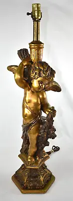 Vtg Fuggiti Studios Hollywood Regency Large 31  Chalkware Cherub Cupid Gold Lamp • $199.99