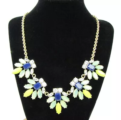 NWT J Crew Gold-tone Statement Necklace W/ Blue Lime Green & Clear Rhinestones • $22