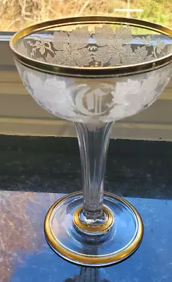 Antique Bohemian Moser Etched Monogrammed C Champagne Goblet Fine Etched Detail • $52