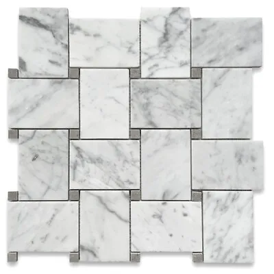 C663XP Wide Basketweave Mosaic White Carrara Marble Tile Gray Dots Polished • $19.99