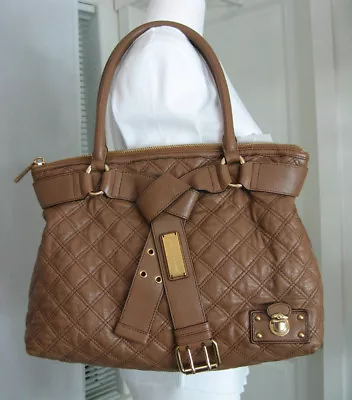 MARC JACOBS Alina Quilted Belt Leather Tote Bag Tan-Brown/Gold Logo AUTH. $1295 • $699.99