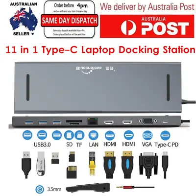 $84.99 • Buy 11 In 1 Type-C Laptop Docking Station Dual HDMI VGA USB3.0 Hub Converter Adapter