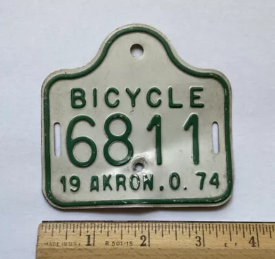 Vintage 1974 Akron O. Ohio OH Bicycle Bike Metal License Plate Tag Registration • $29.99