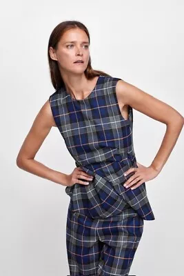 Zara Top Blue Sleeveless Pleated Plaid Asymmetric Shirt Size XL • $38.50