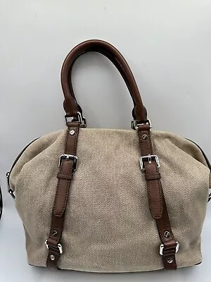 Michael Kors Khaki Fabric Canvas Brown Leather Trim Satchel Tote Handbag • $39.99