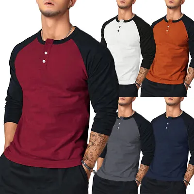 Mens Long Sleeve Henley Raglan T Shirt Grandad Neck Contrast T-Shirt New Top • £14.52