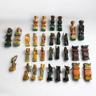Antique Wooden Hand Carved Vintage Chess Pieces Lot Of 31 • $65