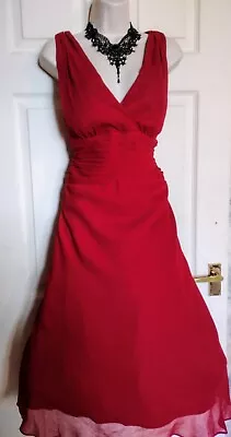 South Vibrant Red Chiffon Style Retro 50s Fit & Flare Pleated Waist  Dress Sz 14 • £15