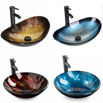 Bathroom Vessel Sink Basin Tempered Glass Bowl Faucet Pop Up Drain Set Combo • $89.99