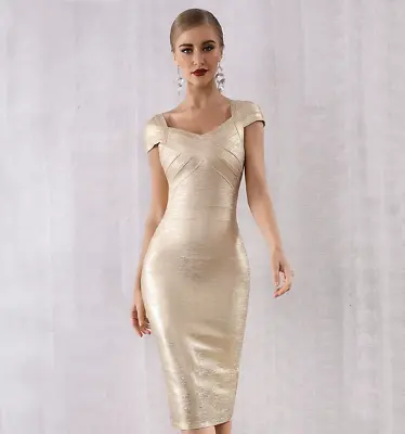 New! Designer Couture Gold Bandage Dress Metallic Gold Foil Cap Sleeve Cocktail • $149