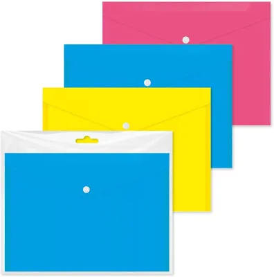 4 Pack A5 Bright Carry Folders Document Popper Wallet Plastic Homework Holder • £2.95