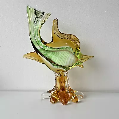 Large 12  Vintage Murano Glass Hand Blown Fish - Vibrant Green Orange  • $203.92