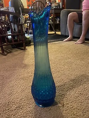 LE Smith Large Vintage MCM Thousand Eye Peacock Blue Swung Glass Vase 17” • $300