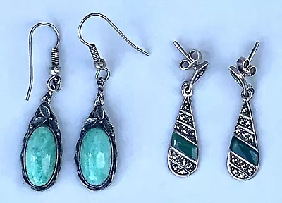 Two Pair Of Vintage Silver Earrings Marcasite & Green Stone Blue Stone • $17.99