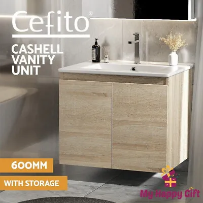 Cefito Vanity Unit 600mm Basin Bathroom Cabinet Storage Wall Hung Sink Oak • $201.09