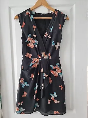 Oasis 100% Silk Dress Size 8 Butterfly Print Black • £12