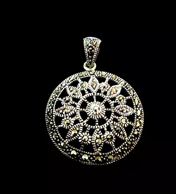 Vintage Sterling Silver & Marcasite Round Pendant - Victorial Revival • $50